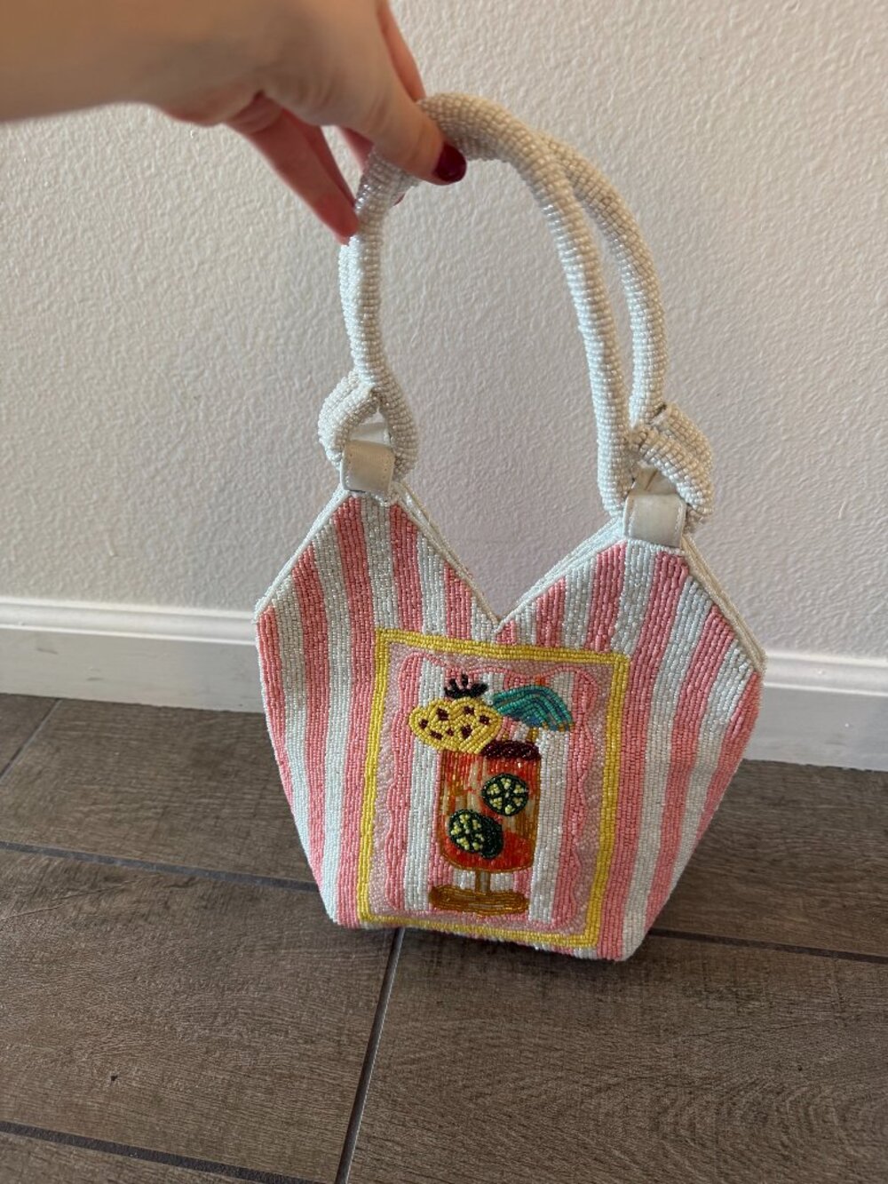 Beaded Mini Top Handle Bag Pink Stripe Cocktail Motif Summer Bag